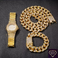 2cm wide Iced Out Cuban Link Chain+Bracelet+Watch Set.