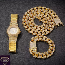 Load image into Gallery viewer, 2cm wide Iced Out Cuban Link Chain+Bracelet+Watch Set.
