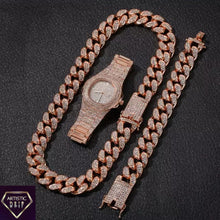 Load image into Gallery viewer, 2cm wide Iced Out Cuban Link Chain+Bracelet+Watch Set.
