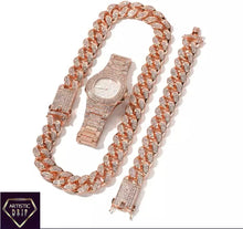 Load image into Gallery viewer, 2cm wide Iced Out Cuban Link Chain+Bracelet+Watch Set.
