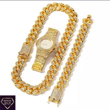 Load image into Gallery viewer, 2cm wide Iced Out Cuban Link Chain+Bracelet+Watch Set.
