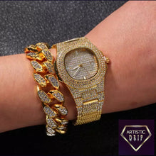 Load image into Gallery viewer, 2cm wide Iced Out Cuban Link Chain+Bracelet+Watch Set.
