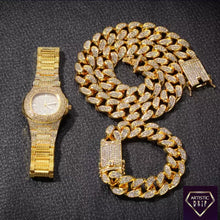 Load image into Gallery viewer, 2cm wide Iced Out Cuban Link Chain+Bracelet+Watch Set.
