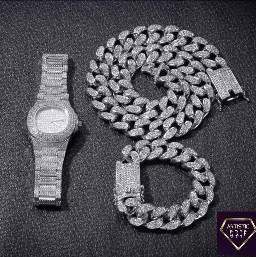 2cm wide Iced Out Cuban Link Chain+Bracelet+Watch Set.