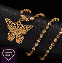 Load image into Gallery viewer, Gold Butterfly Pendant W/ Water Wave Chain
