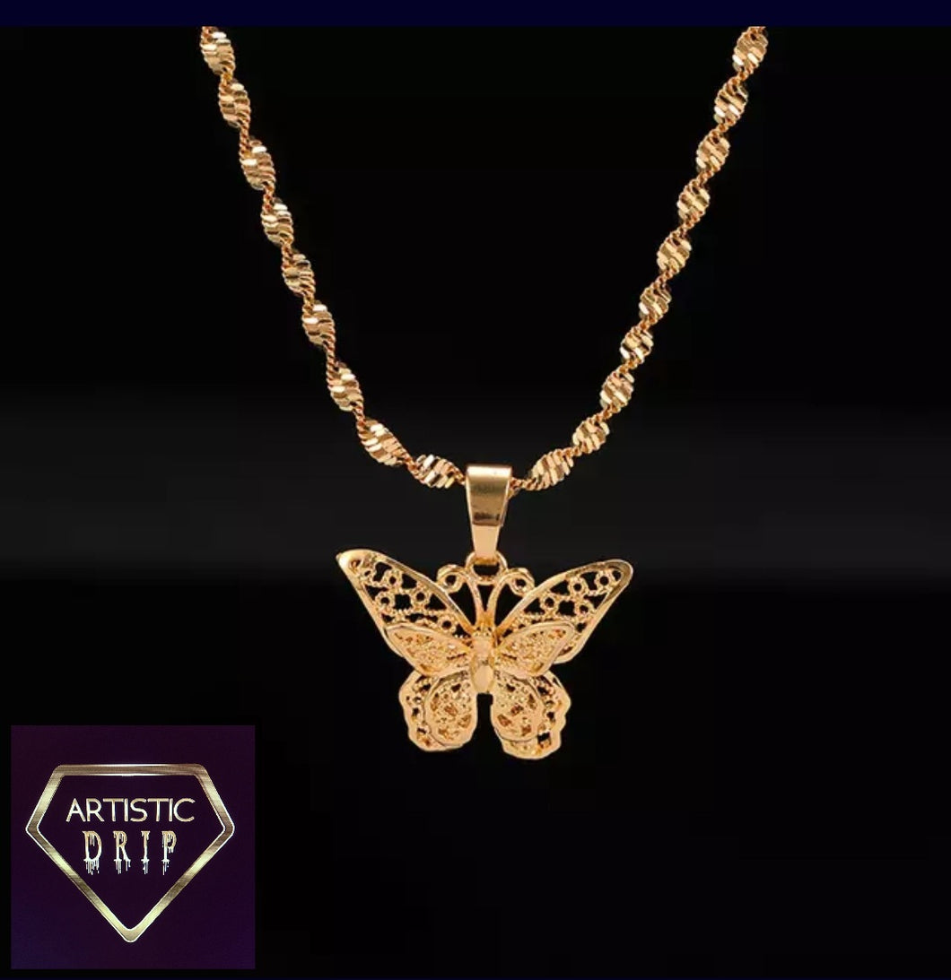 Gold Butterfly Pendant W/ Water Wave Chain