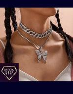 Dual Tennis Chain and Cuban Link Choker With Butterfly Pendant